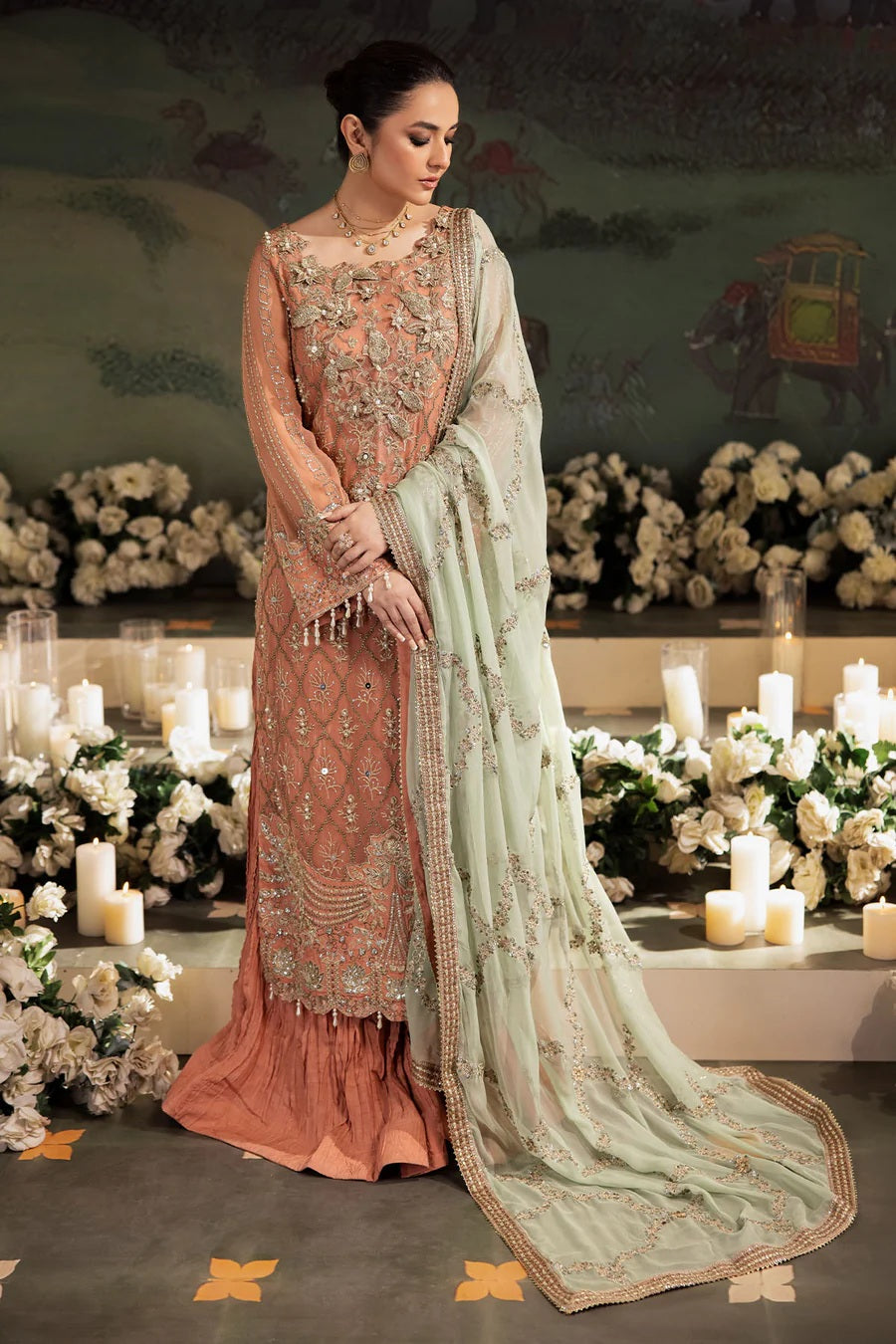 Graceful Peach Ensemble with  Chiffon Dupatta