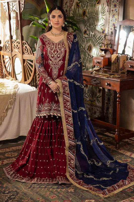 Maroon and Navy Blue Embroidered Unstitched Chiffon Ensemble