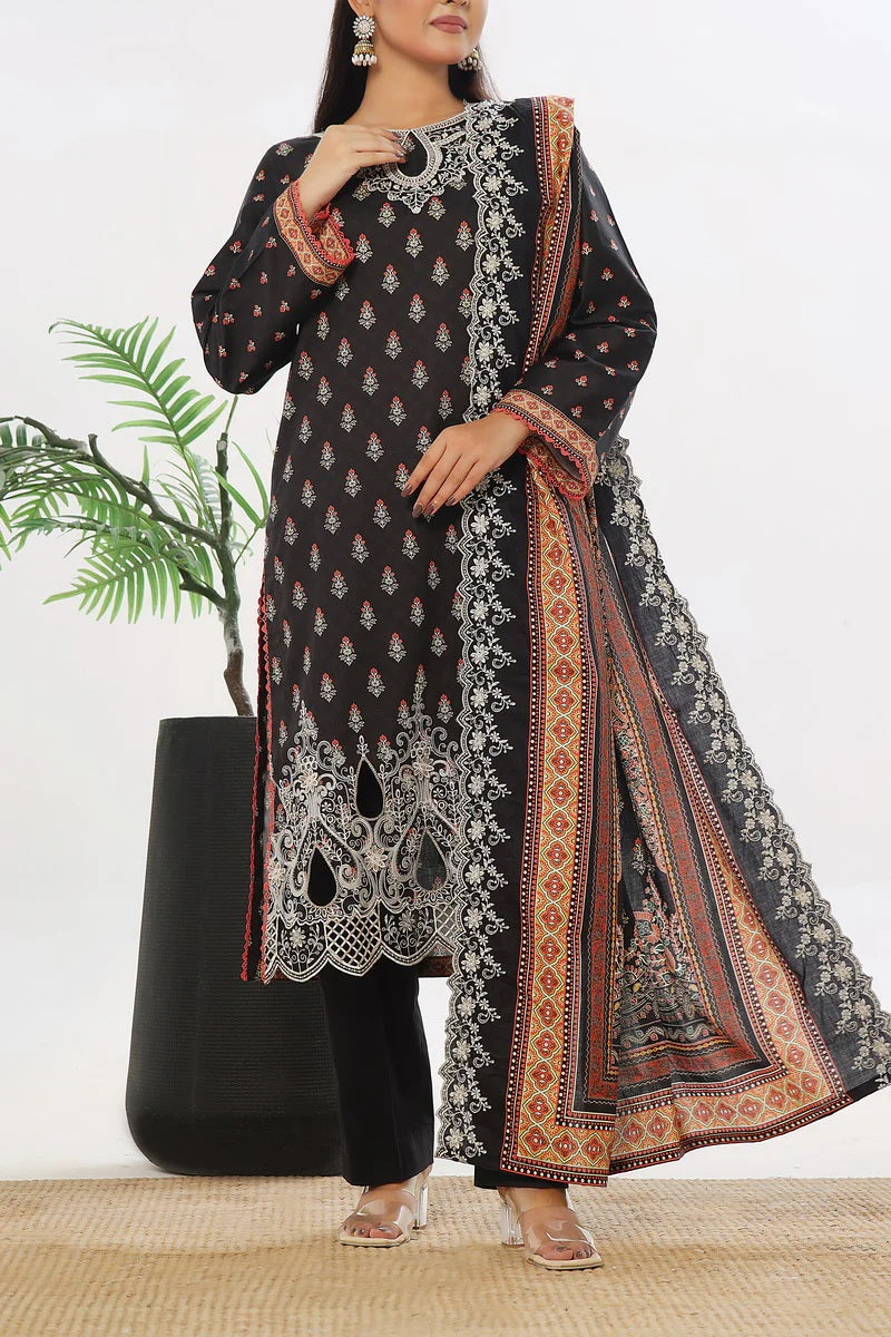 Black Cottel Embroidered  with embroidered Dupatta