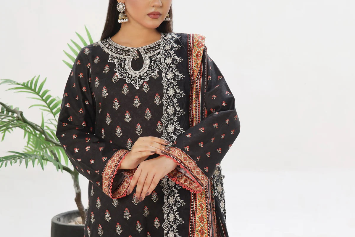 Black Cottel Embroidered  with embroidered Dupatta