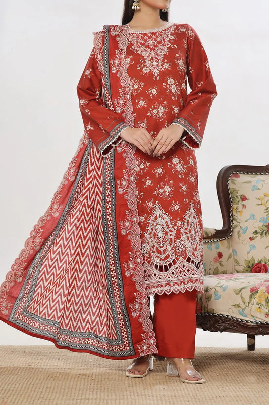 Rich Maroon Embroidered Cottel Suit with Embroidered Dupatta