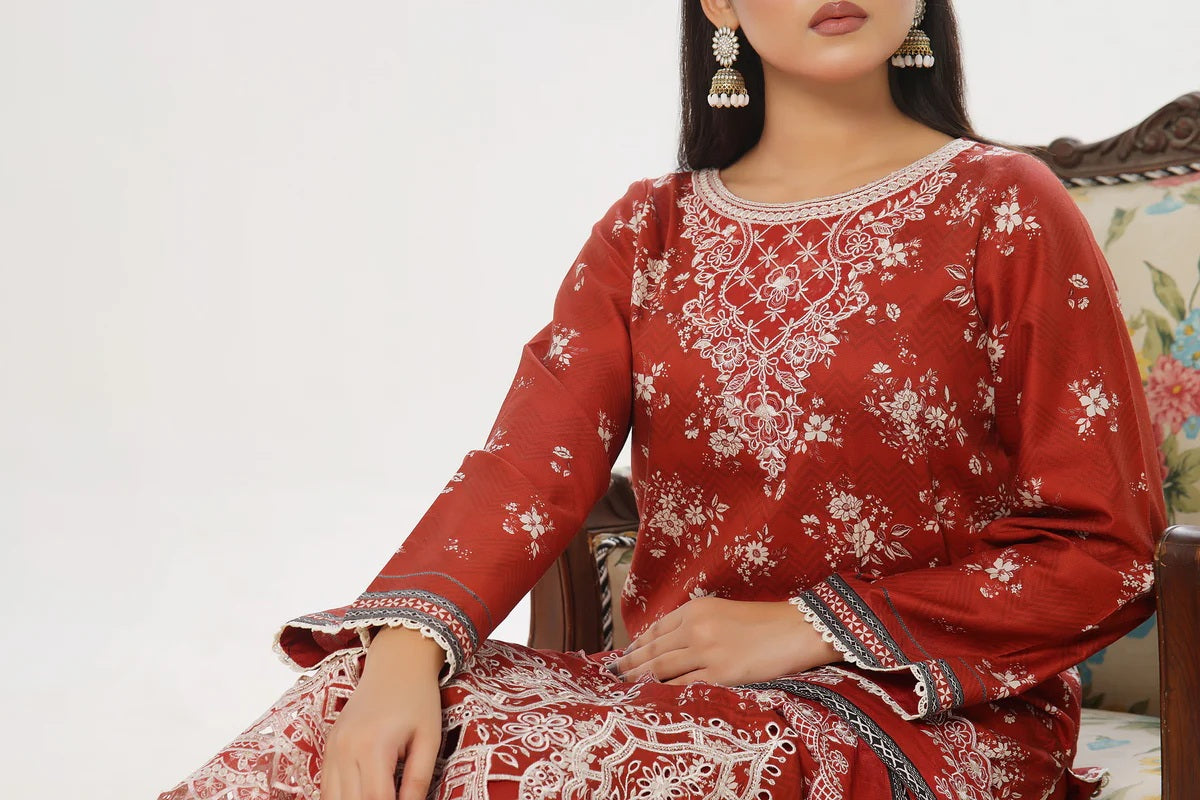 Rich Maroon Embroidered Cottel Suit with Embroidered Dupatta