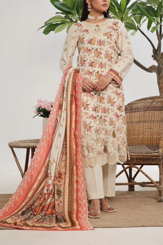 Elegant  Cottel Suit with Embroidered Detailing