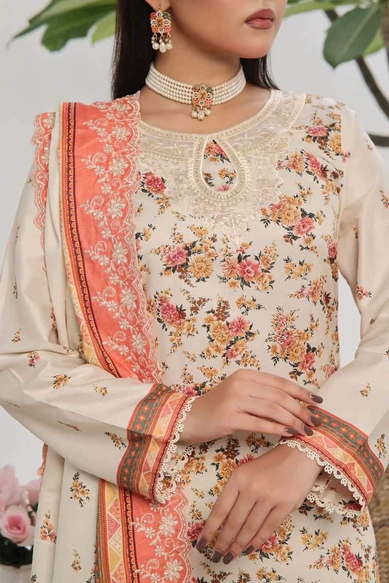 Elegant  Cottel Suit with Embroidered Detailing