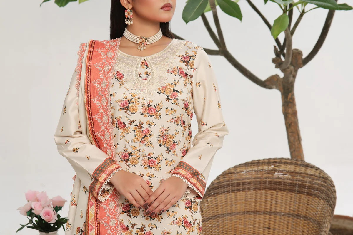 Elegant  Cottel Suit with Embroidered Detailing